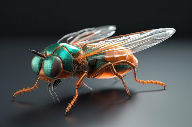 Zielona mucha z niebieskimi i pomarańczowymi skrzydłami