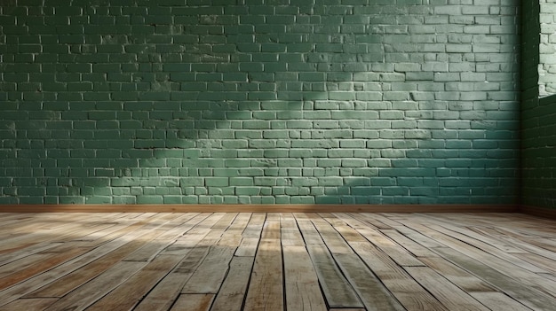 Zielona murówka z oliwkowej cegły i drewniana podłoga w pustym pokoju w stylu minimalistycznej sztucznej inteligencji generatywnej