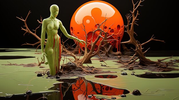 Zdjęcie zielona obca postać stoi przed pomarańczową planetą.
