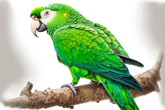 Zielona papuga na białym tle z białym dziobem siedzi na gałęzi