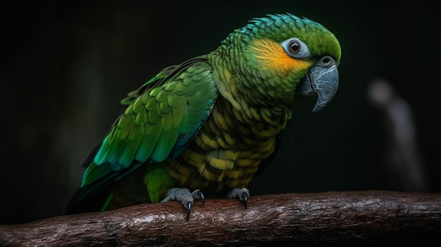Zielona papuga siedzi na gałęzi z napisem papuga.