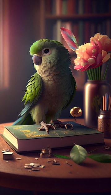Zielona papuga siedzi na książce obok wazonu z kwiatami.