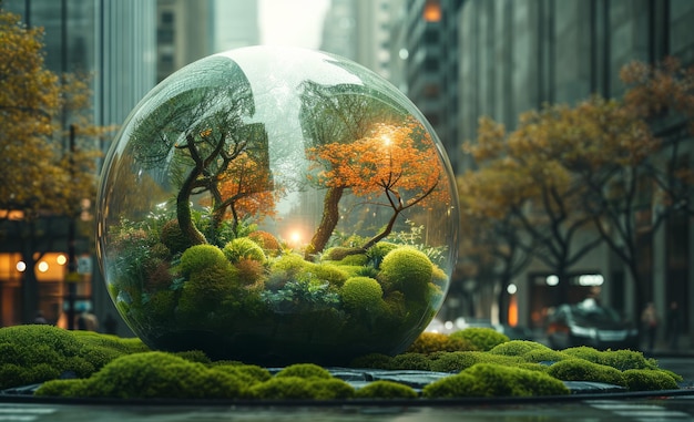 Zielona piłka wypełniona roślinami przed miastem fascynująca szklana piłka prezentująca miniaturowe drzewa zamknięte w niej oferująca hipnotyzujący widok