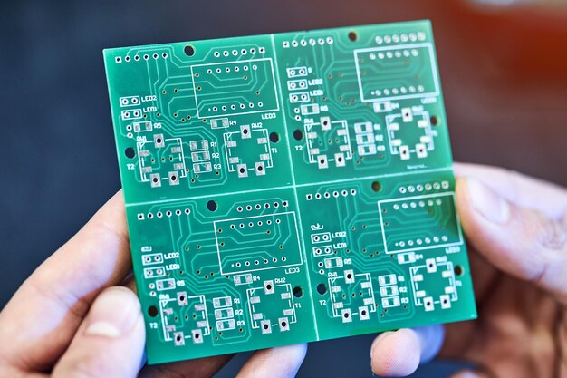 Zielona płyta systemowa z mikrochipami i tranzystorami Inżynier pracownik fabryki elektronika współpracuje z chipem Produkcja mikrochipów Nano komputer Technologia i proces technologiczny produkcji