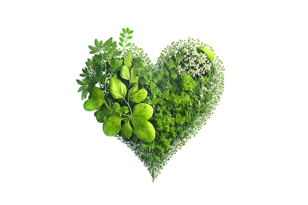 Zielona ramka w kształcie serca wykonana z świeżych ziół, liści i roślin izolowanych na białym tle Generatywna sztuczna inteligencja