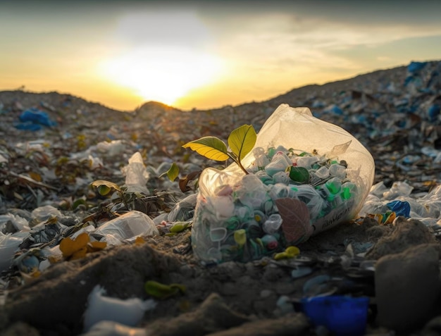 Zielona roślina kiełkuje przez odpady z tworzyw sztucznych na koncepcji recyklingu odpadów na wysypisku śmieci