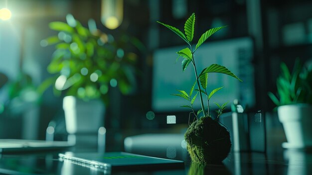 Zielona roślina na stole z wykresem wzrostu zysków PNG Image