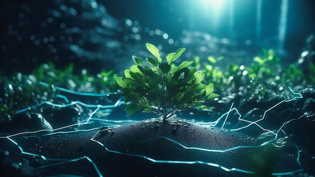 Zielona roślina rosnąca w środku tła z wirtualnymi informacjami