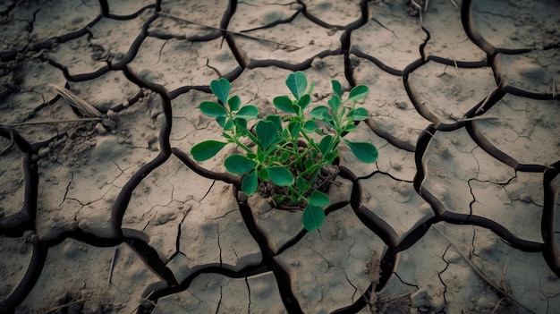 Zielona roślina rośnie w środku suchej, popękanej ziemi, odzyskiwanie przyrody i zmiana klimatu
