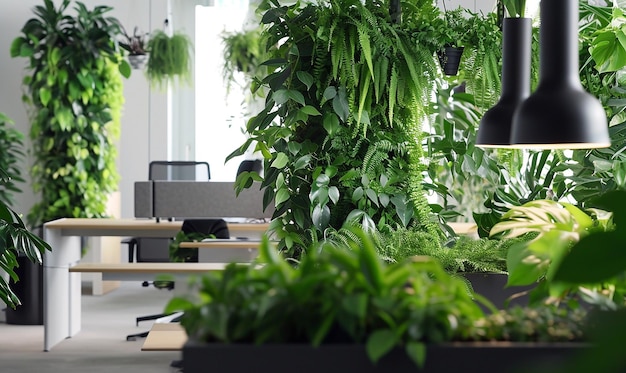 Zdjęcie zielona roślinność w hybrydowych roślinach biurowych przynoszących wibracje do domu