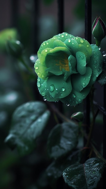 Zielona róża z kroplami deszczu na nim.
