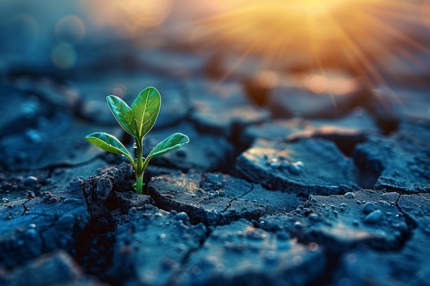Zielona sadzonka rosnąca w pękniętej glebie - symbol nadziei i odporności w obliczu zmian klimatycznych i globalnego ocieplenia