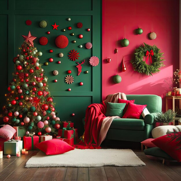 Zdjęcie zielona ściana pomieszczenia ozdobiona w stylu noworocznym lub świątecznym w kolorach czerwonym i zielonym z cristmas