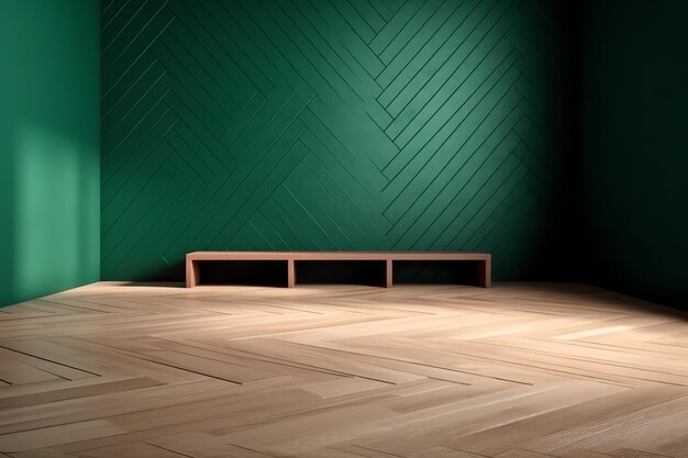 Zielona ściana z drewnianą ławką przed nią