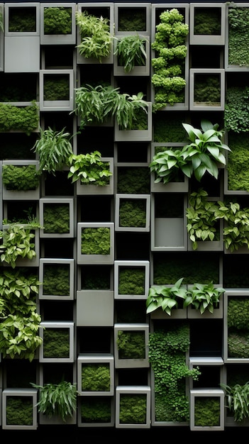 zielona ściana z roślinami na niej i zielonym tle