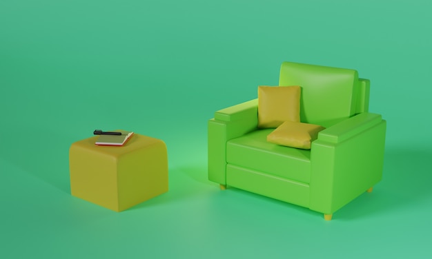 Zielona sofa renderująca projekt 3d