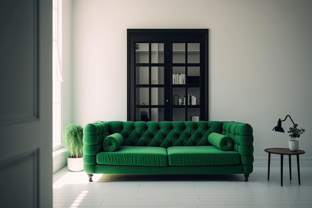 Zielona sofa w nowoczesnym projektowaniu wnętrz Ilustracyjna generatywna sztuczna inteligencja