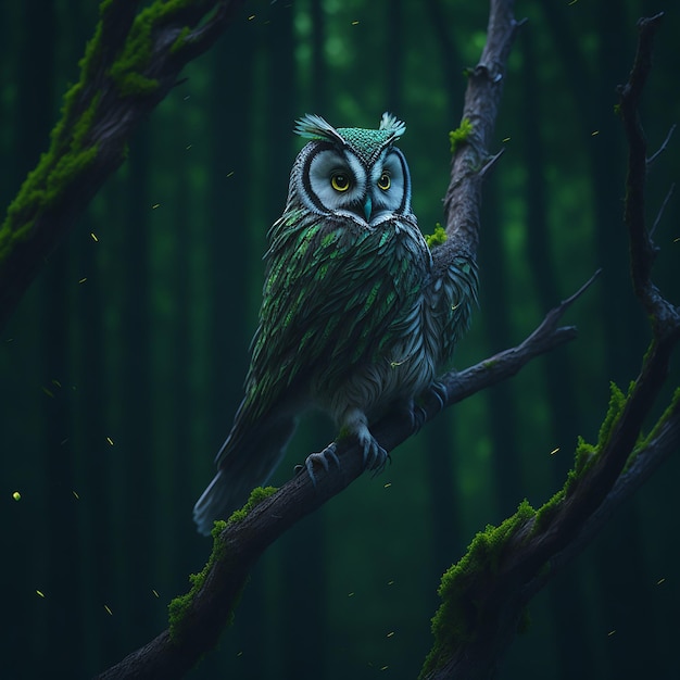 Zielona sowa siedzi na gałęzi w ciemnym lesie.
