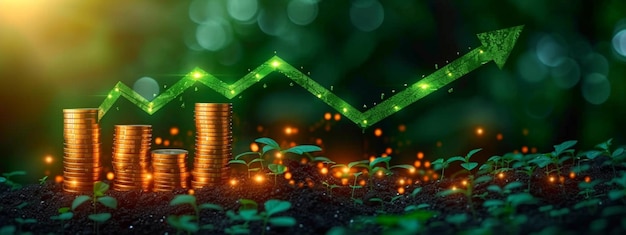 Zielona strzała na złotych monetach Koncepcja wykresu wzrostu rynku akcji