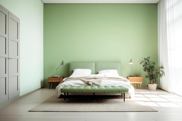 Zielona sypialnia z zieloną ścianą i łóżkiem z białym kocem.