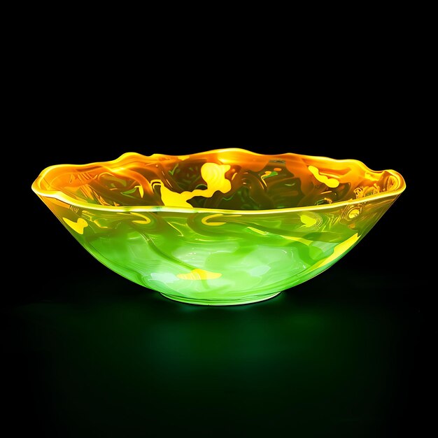 Zdjęcie zielona szklana miska z żółtym i pomarańczowym