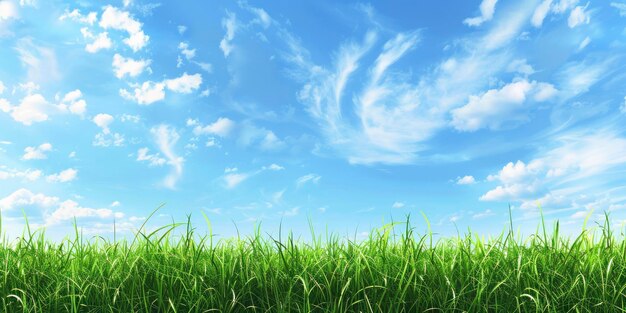 zielona trawa i błękitne niebo z białymi chmurami