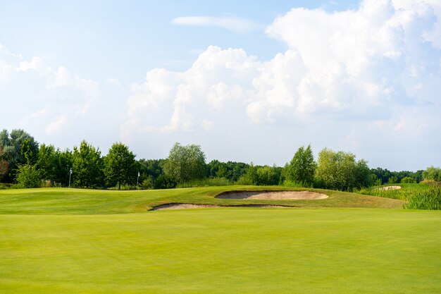 Zielona trawa i lasy na polu golfowym z piaskownikiem