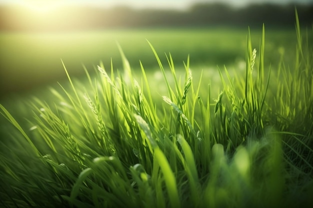 Zielona trawa na polu, na którym świeci słońce