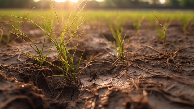 Zielona trawa rosnąca na suchym lądzie po deszczu Metafora Zmiana klimatu