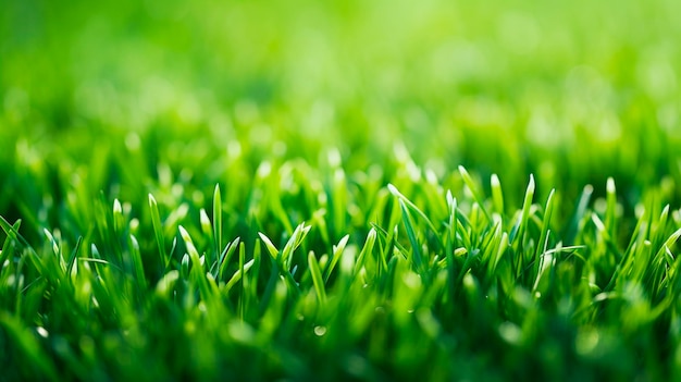 Zielona trawa z niewyraźnym tłem Letni trawnik ze słońcem Generative AI