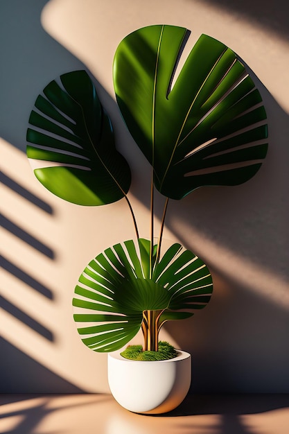Zielona tropikalna roślina palmowa w nowoczesnym brązowym drewnianym garnku w cieniu liści w świetle słonecznym na białym c