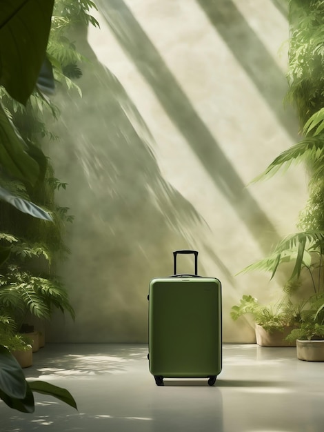 zielona walizka na tle białej ściany