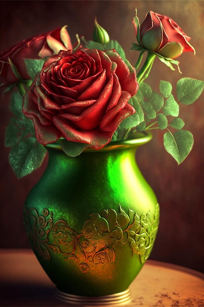 Zielona waza z czerwonymi różami w nim generatywne ai