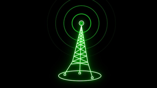 Zielona wieża bezprzewodowa neonowa z falami radiowymi na czarnym tle Symbol neonglow wieży nadawczej na czarnym tle Kolekcja ikon wieży antenowej Ikona wieży radiowej