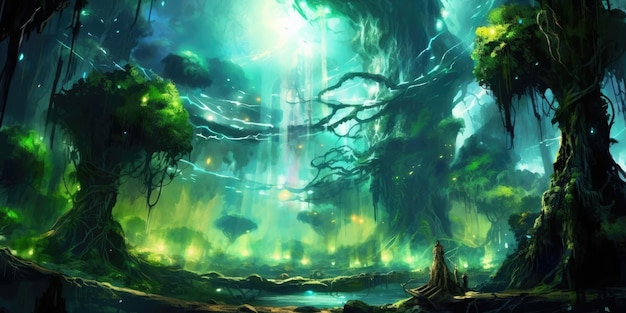 Zielona woda z drzewami i przechodzącym przez nią światłem