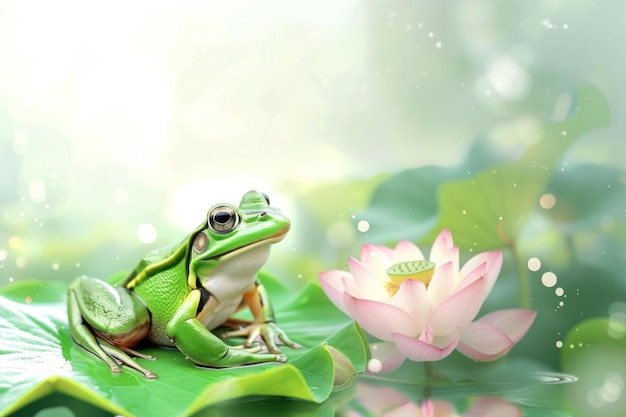 Zielona żaba na tle liścia lotosu