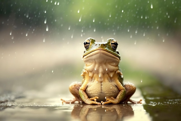 Zielona żaba siedzi na mokrym chodniku w deszczu Generative AI