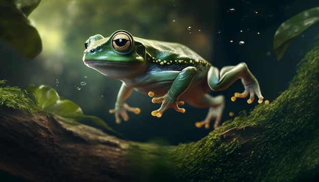 zielona żaba skacze w tropikalnym lesie