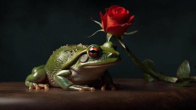 Zielona żaba z czerwoną różą na łóżkugenerative ai