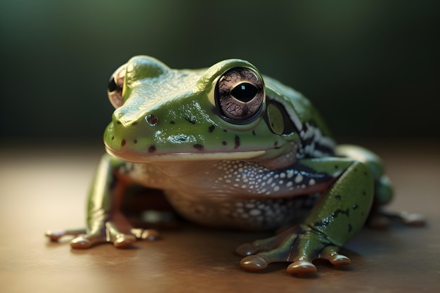 Zielona żaba z dużym brązowym okiem siedzi na stole.