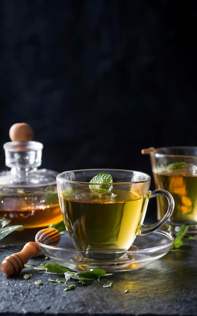 Zielona ziołowa grecka herbata górska w szklanym kubku podawana z miodem i lukumem w ciemności