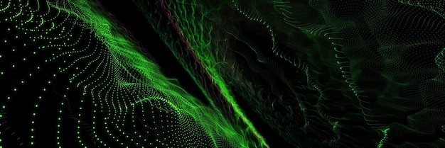 zielone chaotyczne cząstki na czarnym tle zielony płynny baner cząstek