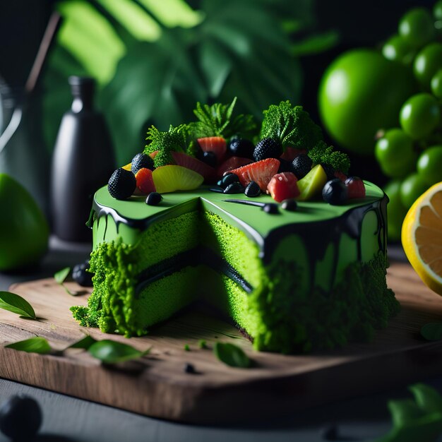 Zielone ciasto z owocami i zielone ciasto z napisem „na nim”.