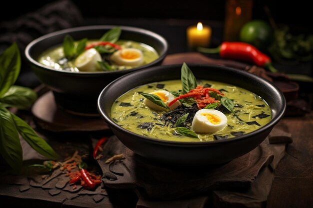 Zielone curry z jajkami w czarnych filiżankach