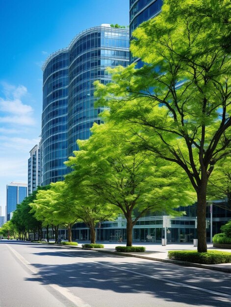 Zdjęcie zielone drzewa i zewnętrzne centrum obszaru biznesowego składające się z wysokich budynków korporacyjnych z