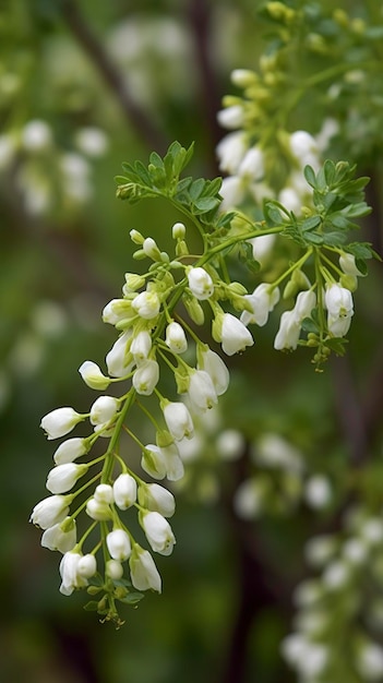 Zielone drzewa Sophora japonica są pełne białych kwiatów Sophora japonica, które generują ai