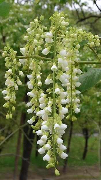 Zielone drzewa Sophora japonica są pełne białych kwiatów Sophora japonica, które generują ai