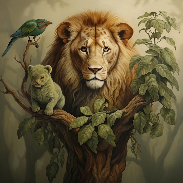 Zdjęcie zielone drzewo i lew