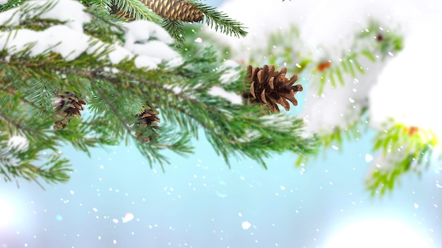 zielone drzewo i szyszka świąteczna śnieżna rozmyte światło i złote konfetti płatki śniegu