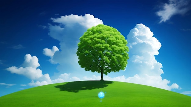 Zielone drzewo na zielonym polu niebieskie niebo jasne białe chmury tło Ai generatywny obraz